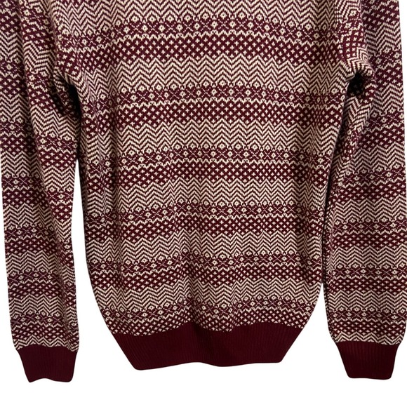 ASOS Burgundy Geometric Chevron Knit Crew Neck Sweater Grandad Nordic Retro S - Picture 8 of 10
